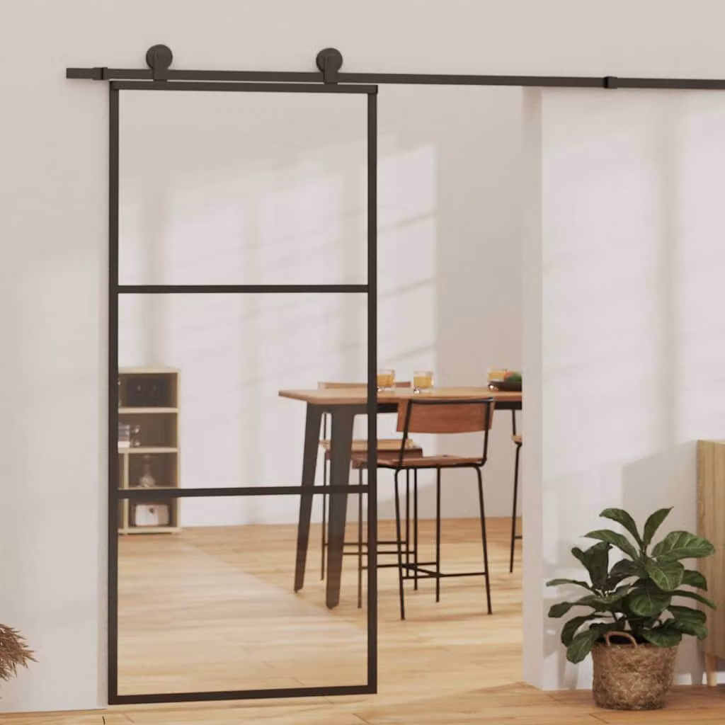 vidaXL Porta Scorrevole in Vetro Trasparente e Alluminio Nero L: 90 cm, H: 205 cm