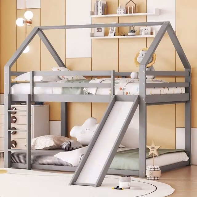 Letto a castello per bambini con scivolo e scala ¨C Minimal ¨C Grigio 140x200 cm