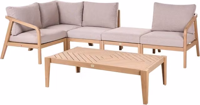 Divano angolare da giardino modulare in legno di acacia con tavolino da caffè, 5 posti, struttura in legno con cuscini beige marrone chiaro