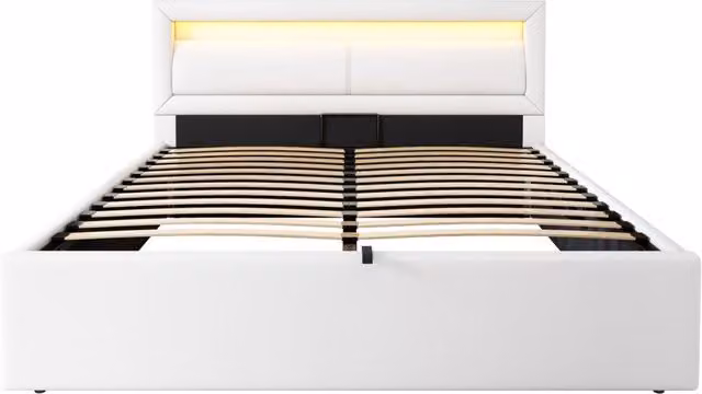 Letto imbottito con contenitore e rete a doghe 140x200 cm, testiera con illuminazione LED, rivestimento in ecopelle bianca