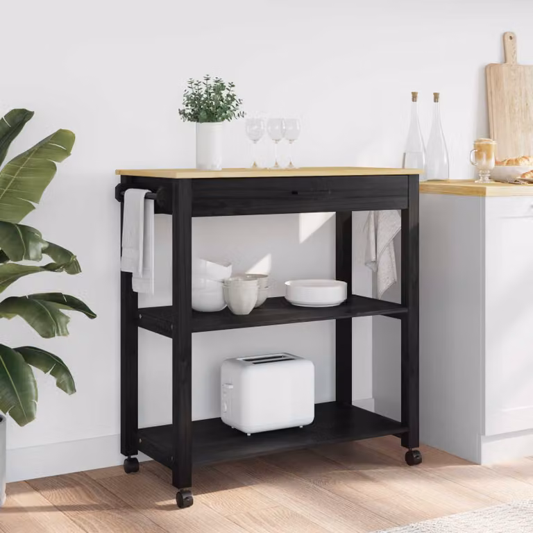 vidaXL Carrello da Cucina MONZA Moderno Nero con Piano in Legno di Pino L: 84 cm, P: 40 cm, H: 88,5 cm