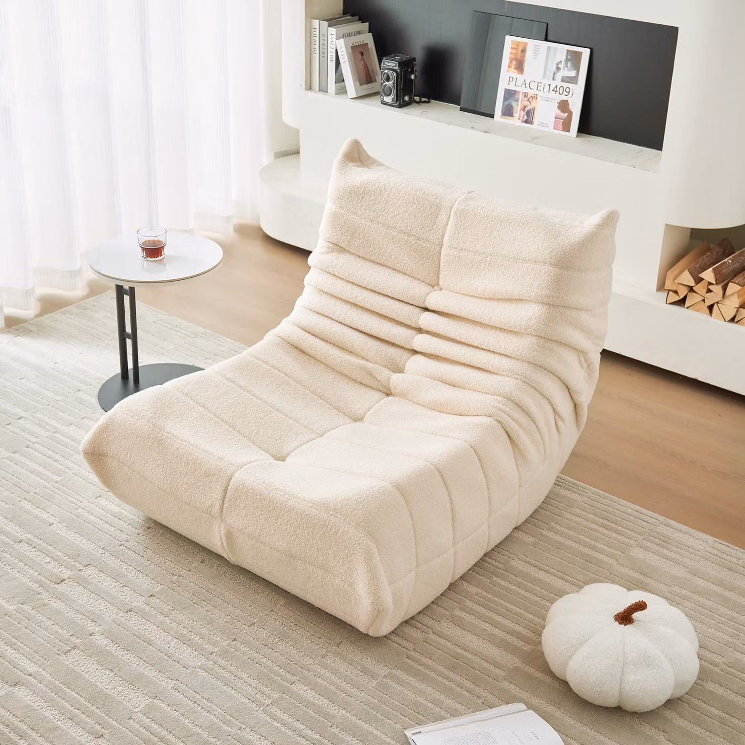 MODFU Poltrona letto pieghevole senza struttura, Lazy Sofa imbottito in schiuma, sedia relax singola con schienale, per soggiorno, colore beige