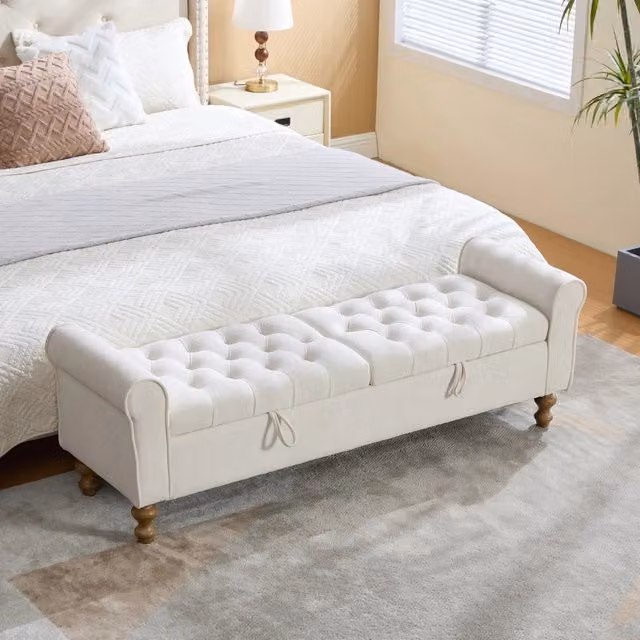 Panca contenitore in ciniglia beige con due coperchi L: 134.5 cm, P: 30.0 cm, H: 49.0 cm