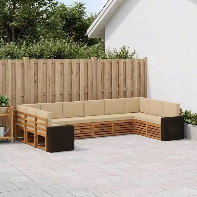Set di divani da esterno a L vidaXL in legno di acacia con cuscini beige e sabbia