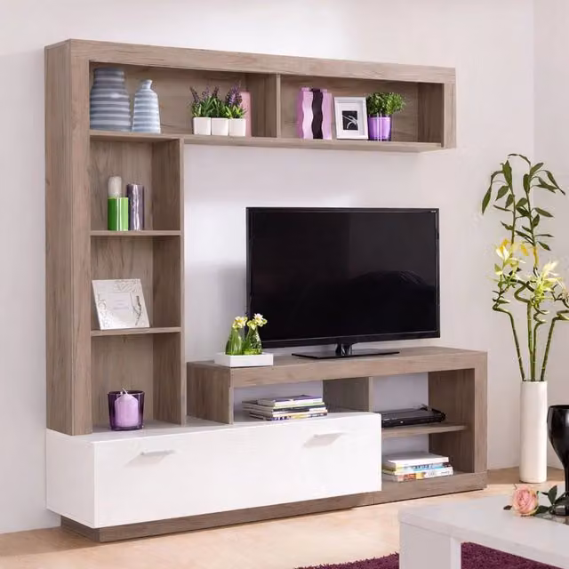 Mobile Soggiorno Moggio, Parete Attrezzata 7 Ripiani, 170.5x41.5x170.5h cm Marrone Rovere Grigio