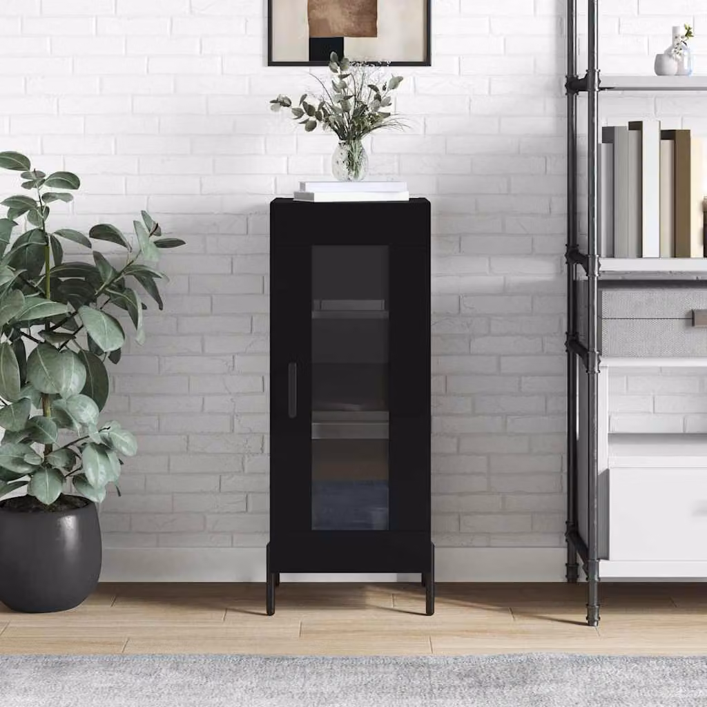 Credenza nera vidaXL in legno e metallo con vetro, sospesa a parete, L/P/H: 34,5 x 34 x 90 cm