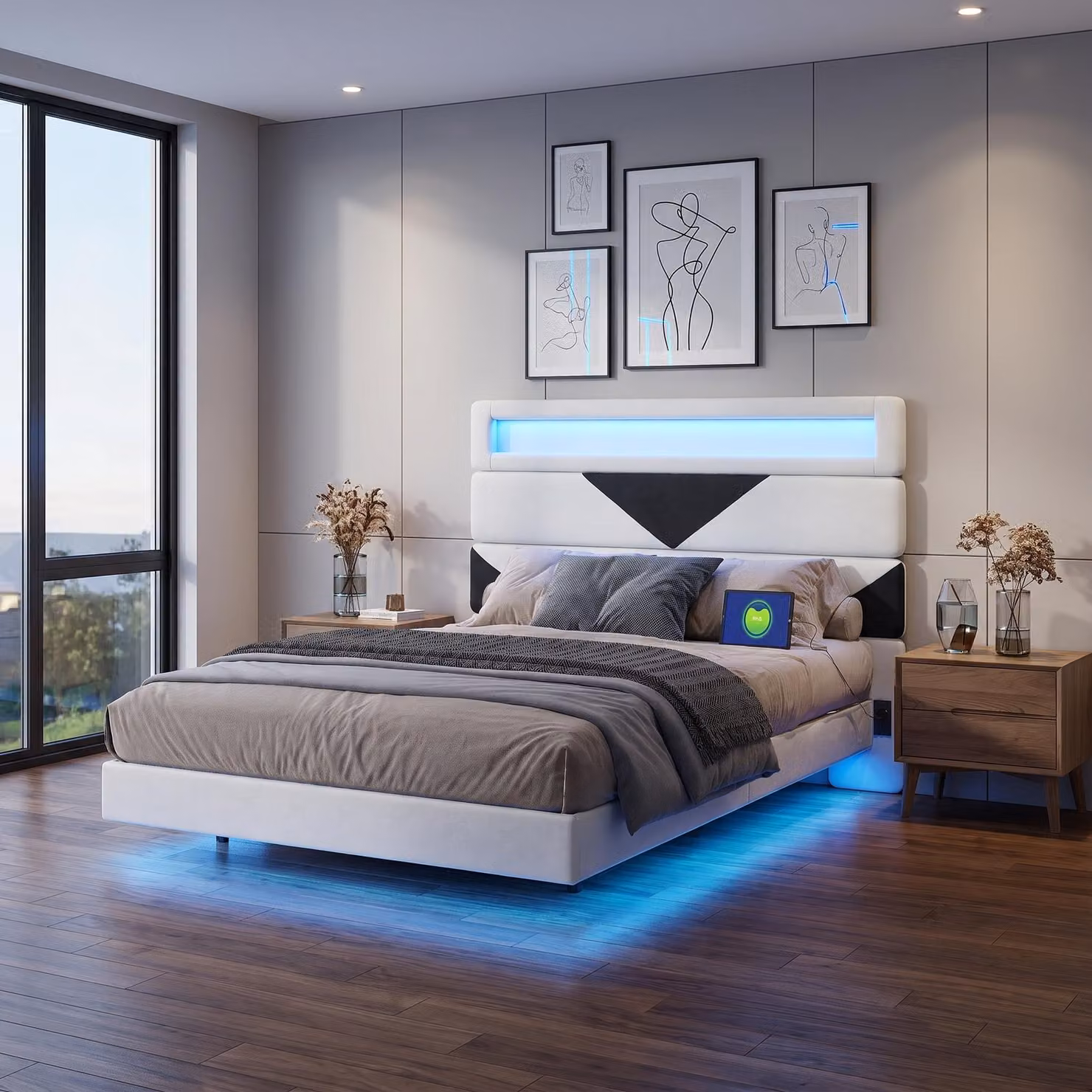 Letto imbottito INONEFT, 160x200 cm, con USB e LED, letto multifunzionale con testiera triangolare regolabile, letto a castello per giovani, con rete a doghe, rivestito in velluto