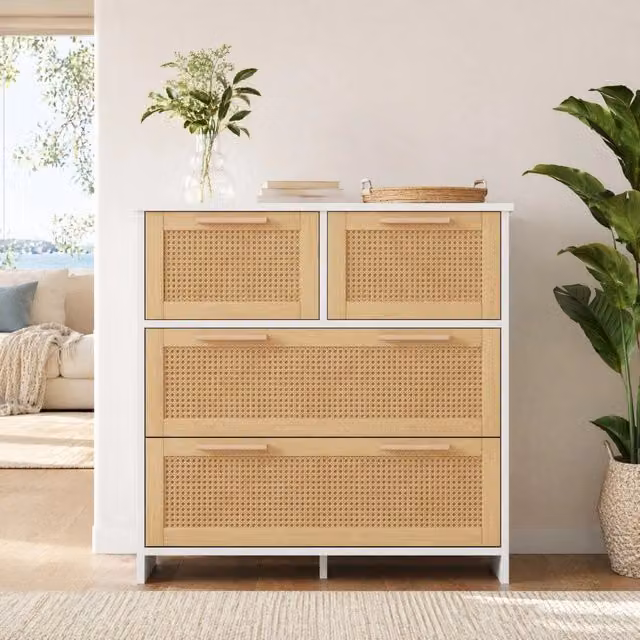 Cassettiera in Rattan Naturale con 4 Cassetti e Maniglie in Legno Massello, 80x80x38 cm, Colore Naturale e Bianco