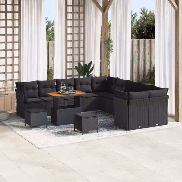 Set Divano da Giardino vidaXL a forma a U composto da 13 pezzi in Polyrattan Nero con Cuscini e Tavolino da Esterno