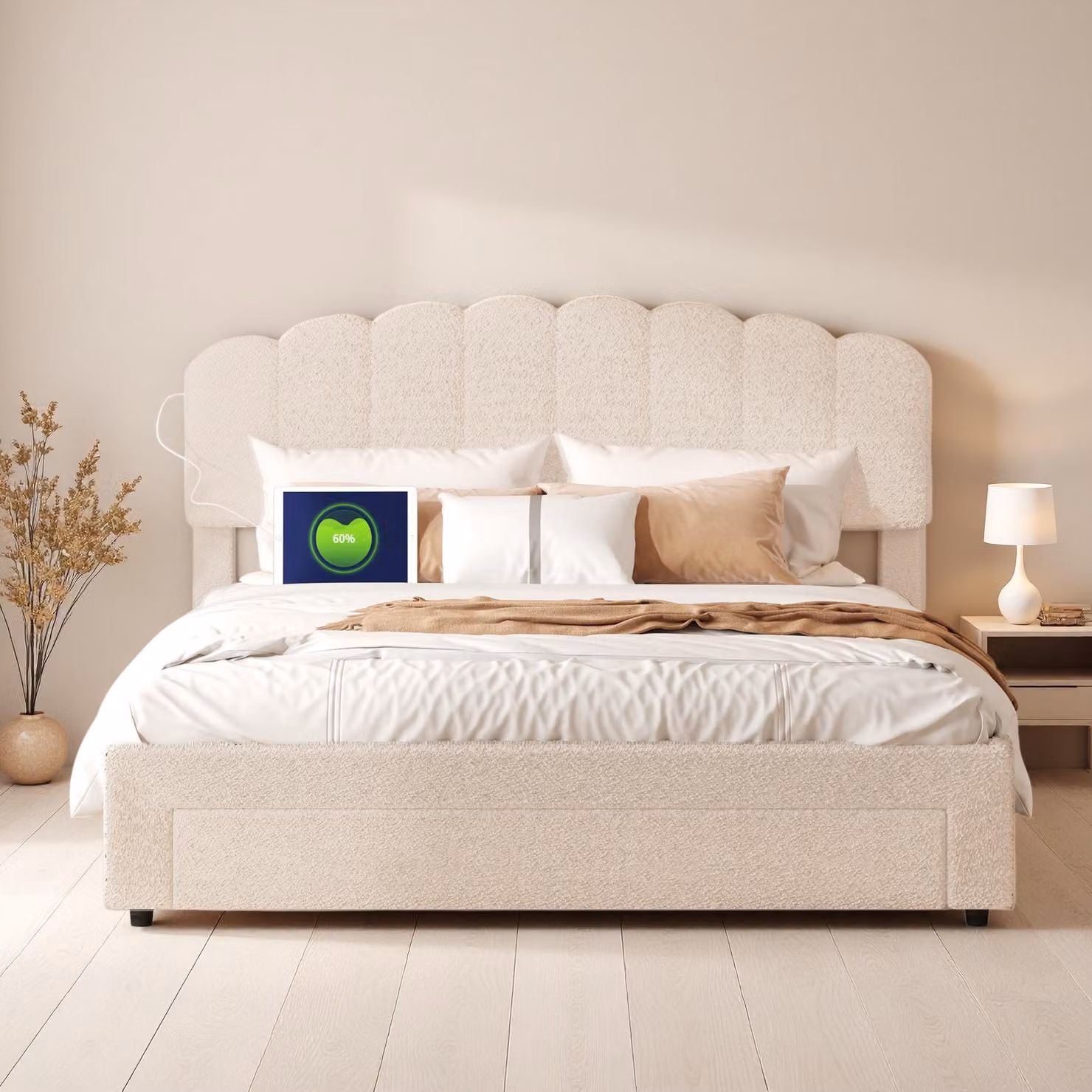 Letto imbottito INONEFT, 160x200 cm, letto per ragazzi con USB e poggiatesta regolabile, letto matrimoniale con 1 cassetto, rivestito in tessuto tipo "teddy", colore beige, senza materasso
