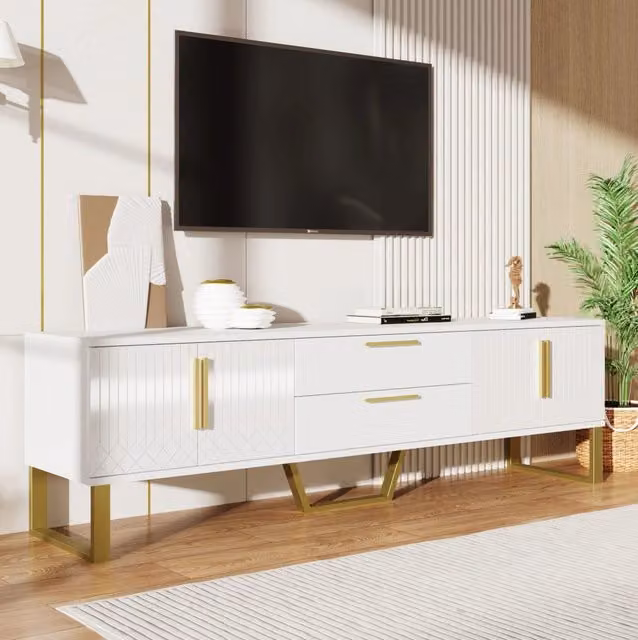 Mobile TV lucido 170x40x53;5 cm con 4 ante e 2 cassetti; MDF; bianco e oro