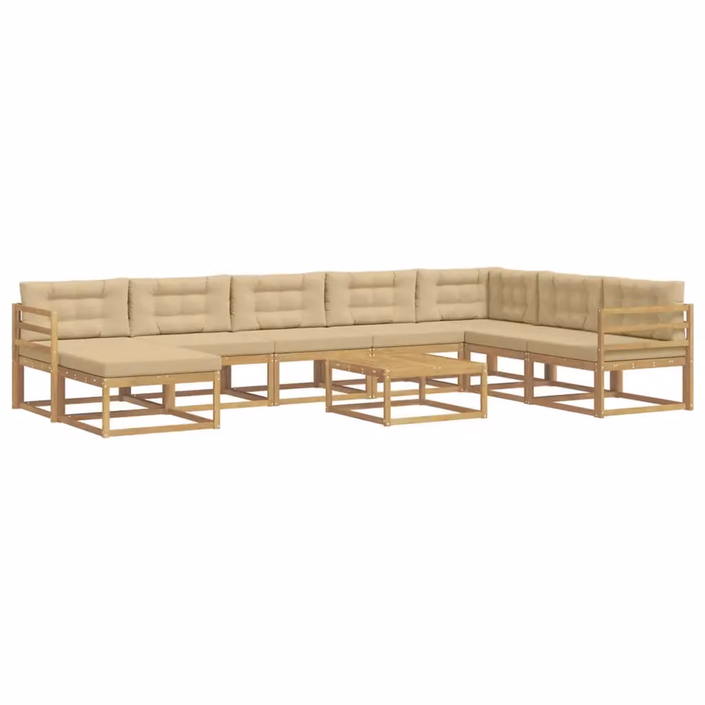 Set di divani da esterno a L vidaXL in legno di acacia con tavolino e pouf, Bianco e Beige – 2