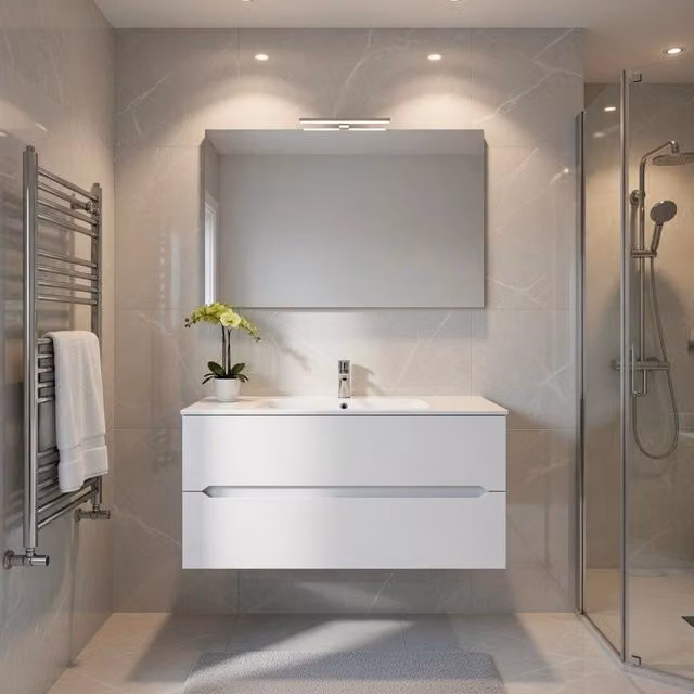 Composizione mobile bagno sospeso con cassetti e specchio mod. TALIA di Taco, Bianco Lucido, L: 120 cm, P: 45 cm, H: 46 cm
