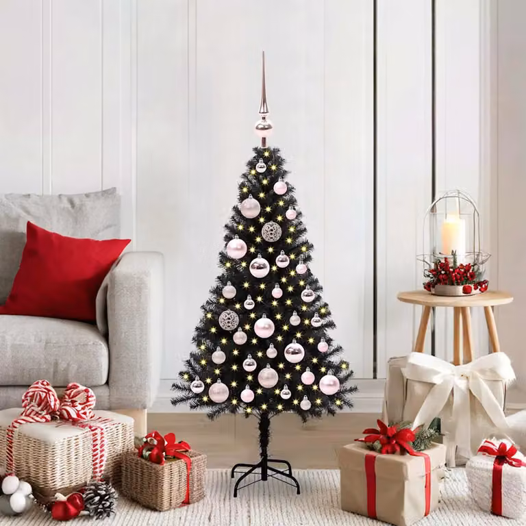 Albero di Natale moderno vidaXL nero in PVC con luci LED bianco caldo, Altezza: 120 cm