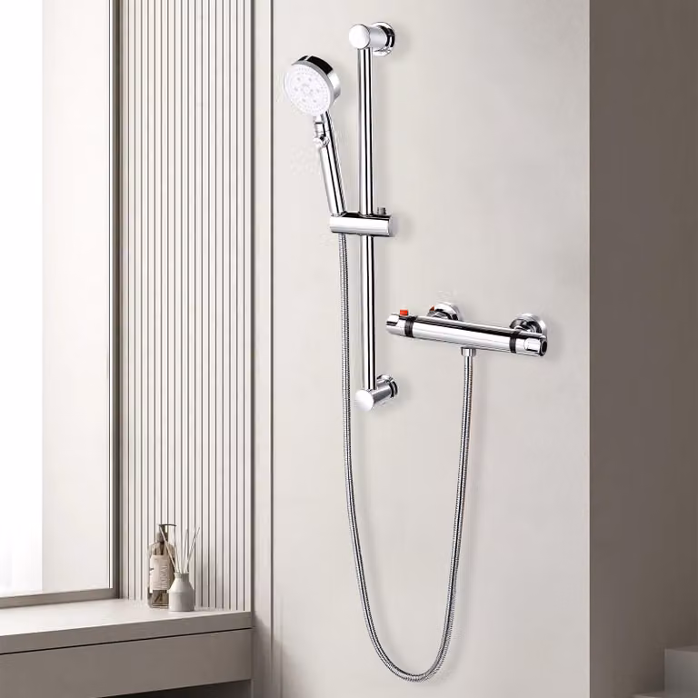 Set doccia e termostato UnboxG, cromato, con barra doccia regolabile in altezza, soffione manuale con 5 getti, protezione antiscottatura, termostato di sicurezza e tubo flessibile per doccia in acciaio inossidabile