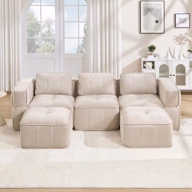 Divano 3 posti modulare con 2 poggiapiedi ¨C Minimal ¨C Beige, tessuto morbido
