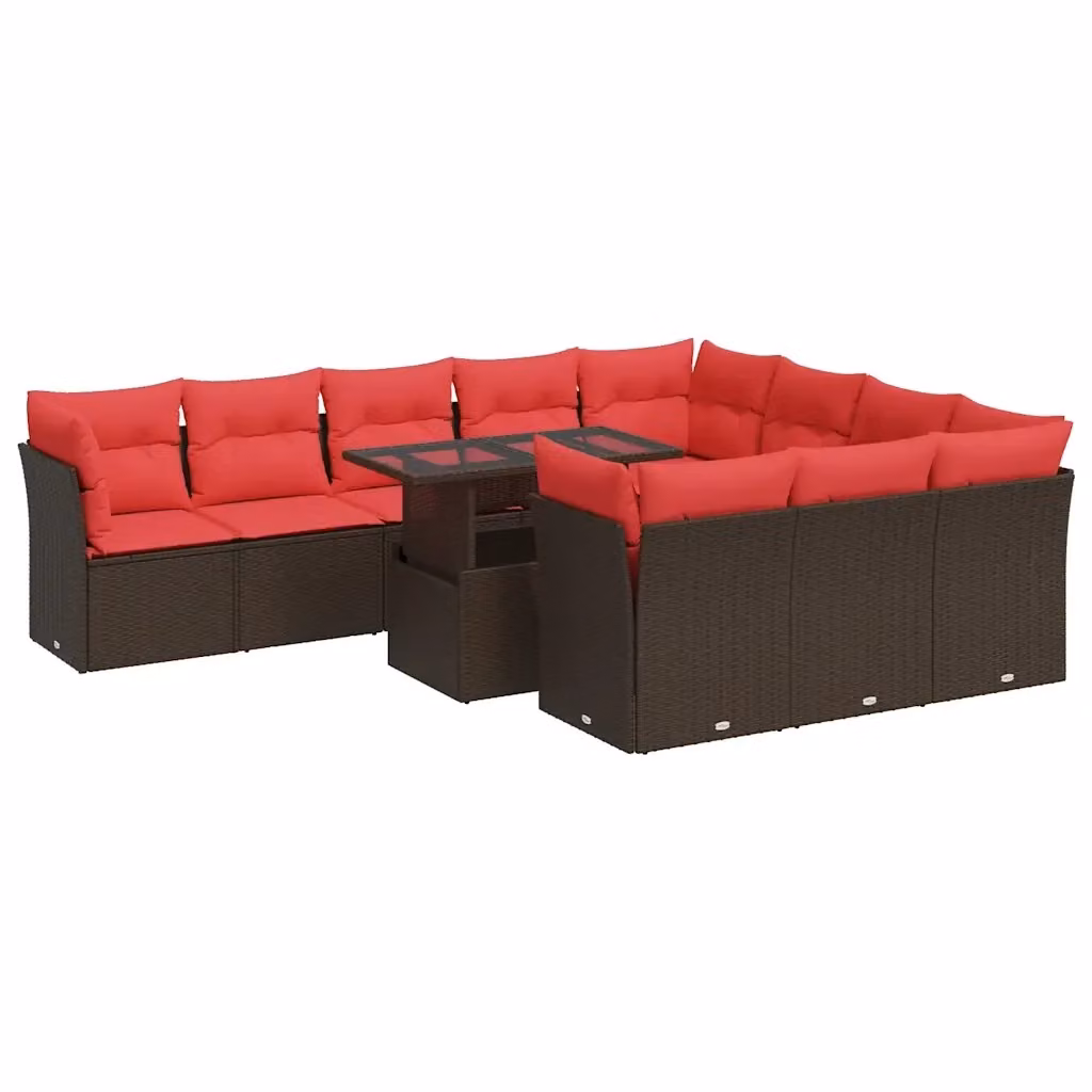 Set di Divani da Giardino vidaXL 11 Pezzi con Cuscini e Tavolino in Polyrattan Marrone e Rosso con Struttura in Acciaio e Vetro – 2