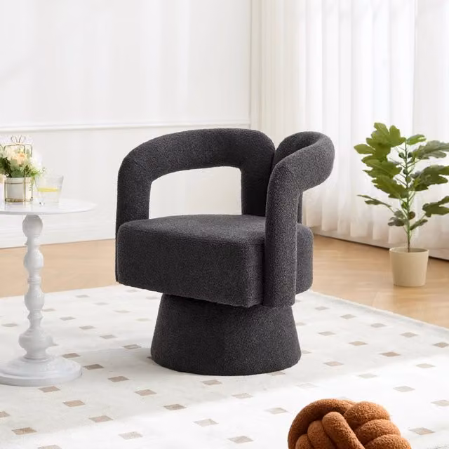 Poltrona girevole OKWISH in bouclé grigio con braccioli e imbottitura in schiuma per soggiorno o ufficio in casa