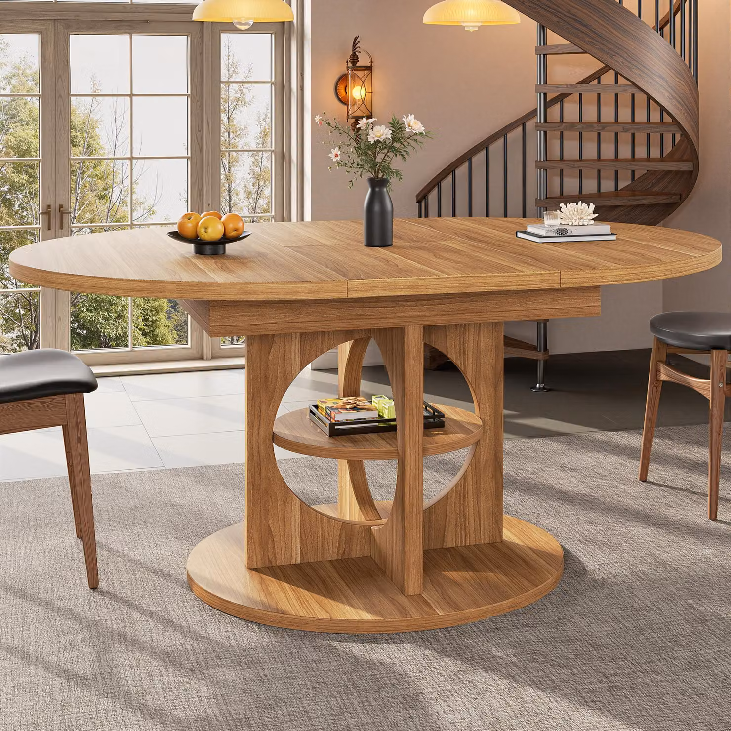 Tavolo da pranzo Flieks con ripiano integrato nella gamba cava, struttura robusta con portata fino a 60 kg, tavolo da cucina, tavolo da bar 110-150 x 110 x 76 cm, effetto legno