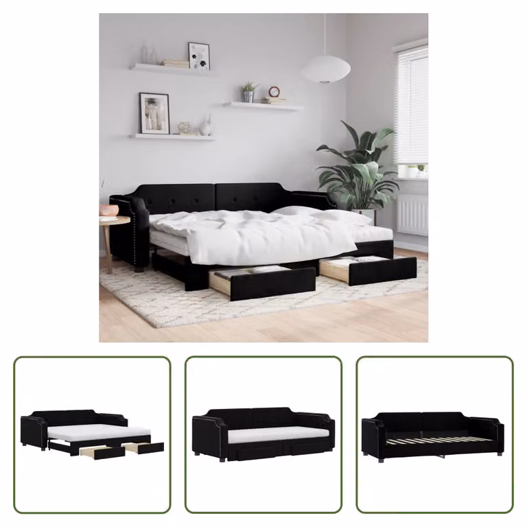 The Living Store Letto da giorno allungabile con cassetti nero 100x200 cm in tessuto