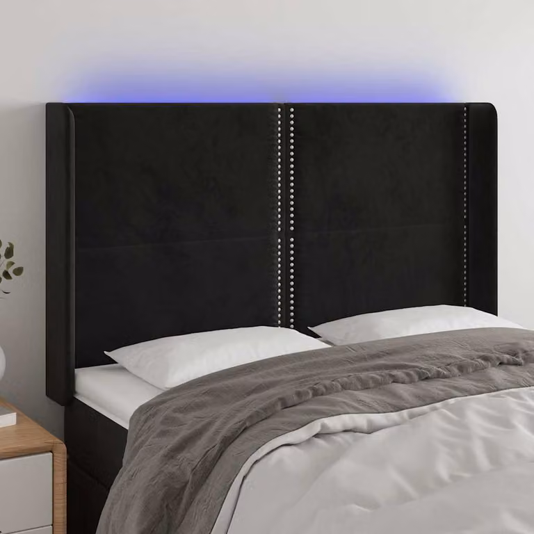 Testiera per letto vidaXL in velluto nero con illuminazione LED e porta di ricarica USB, L 147 cm x P 16 cm x H 118/128 cm