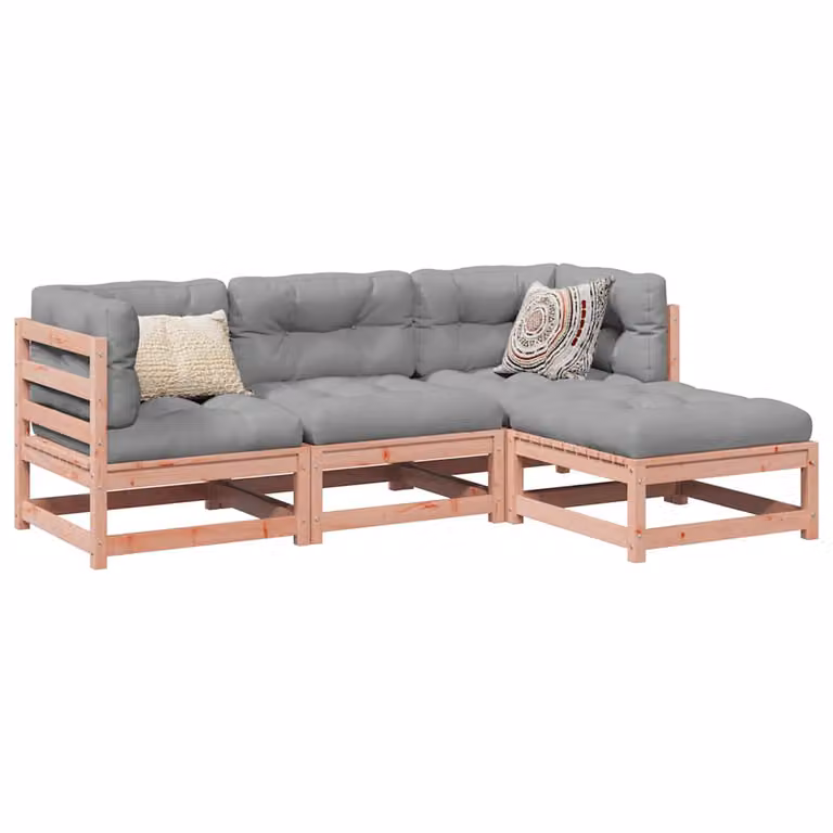 Set di Divani da Giardino vidaXL 4 Pezzi in Legno Massello di Abete e Douglas con Cuscini, Colore Marrone e Grigio, Design Moderno a L