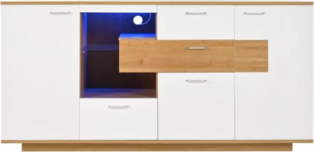Sideboard moderno 160x40x77 cm con LED, 2 porte, 4 cassetti, ripiano in vetro, finitura legno e bianco