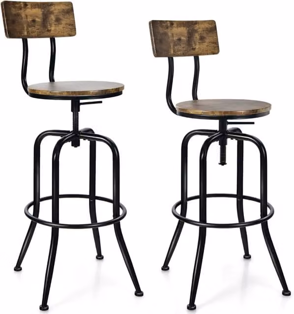 Set di 2 Sgabelli da bar con schienale a forma di arco, Sgabello regolabile in metallo con poggiapiedi Marrone