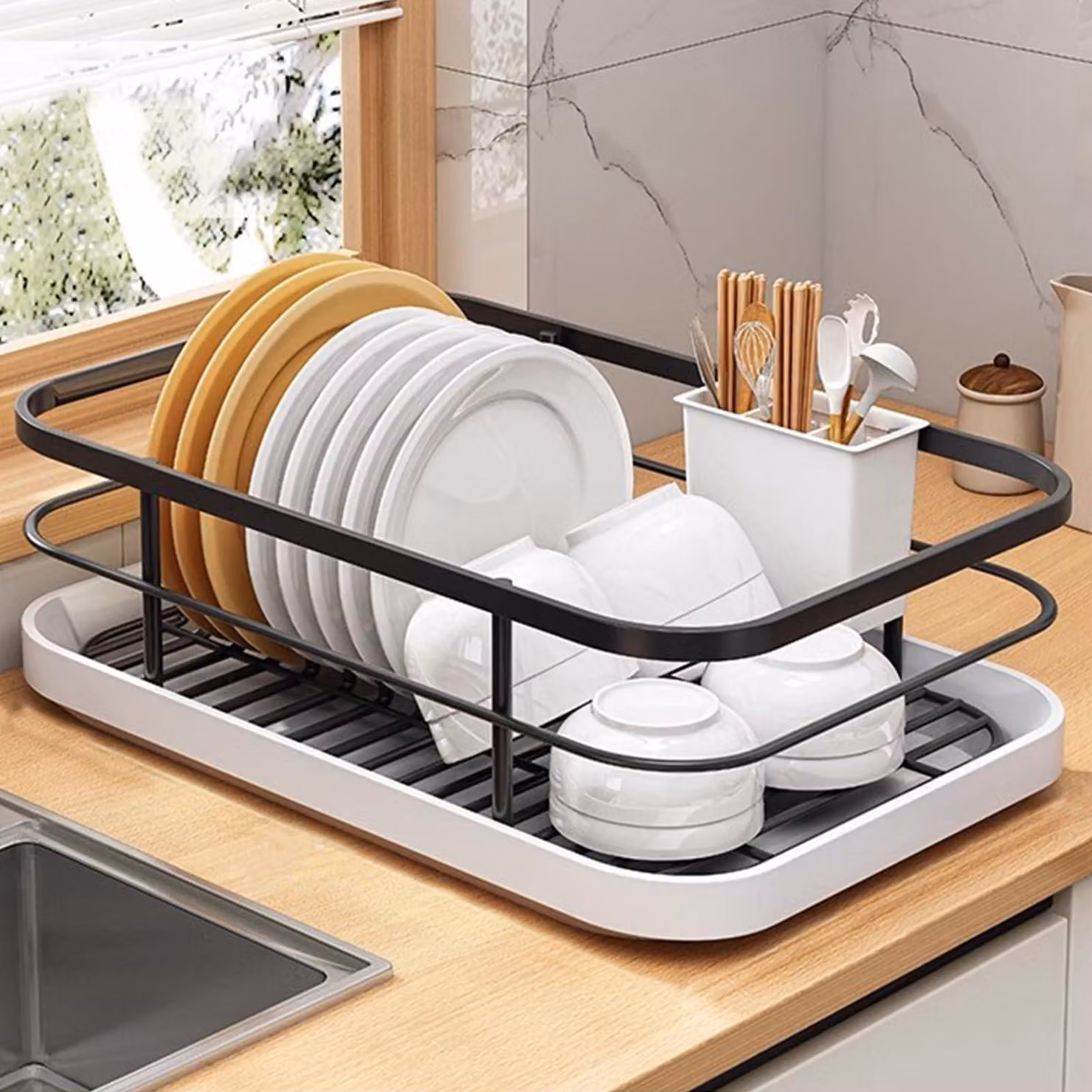 Portaoggetti in acciaio inossidabile con scolapiatti e contenitore per posate