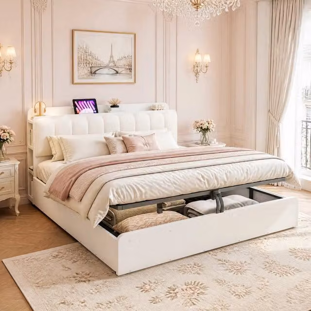 Letto contenitore 180x200 cm in legno bianco con testiera USB e vano portaoggetti,