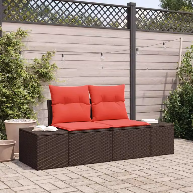 Divano da giardino a forma di U vidaXL in polyrattan marrone con cuscini rossi e struttura in metallo