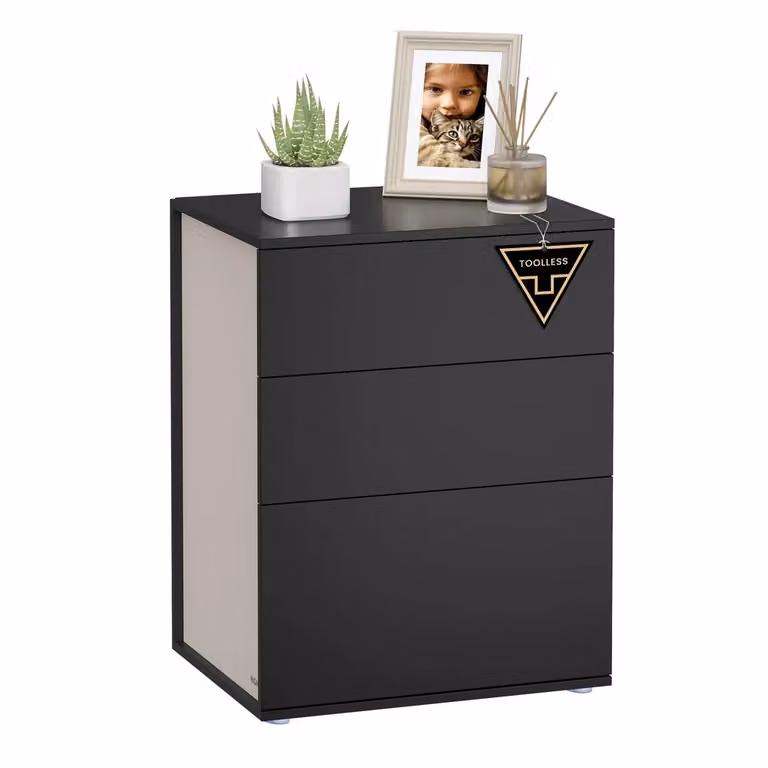 Comodino da Letto con 3 Cassetti Bianco Opaco e Beige Cappuccino, Nero Inchiostro + Beige Cappuccino