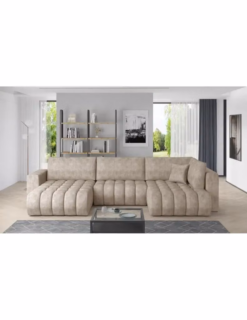 Divano angolare trasformabile BONITA MEUBLORAMA beige con effetto marmorizzato, modello a sinistra con funzione letto e cuscini inclusi, L/P/H: 350 x 175 x 92 cm – 2