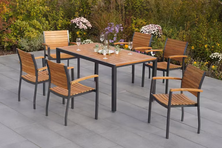 Set di mobili da giardino Merxx Santorin, 7 pezzi, 6 sedie impilabili, tavolo 150 x 90 cm - alluminio/acacia