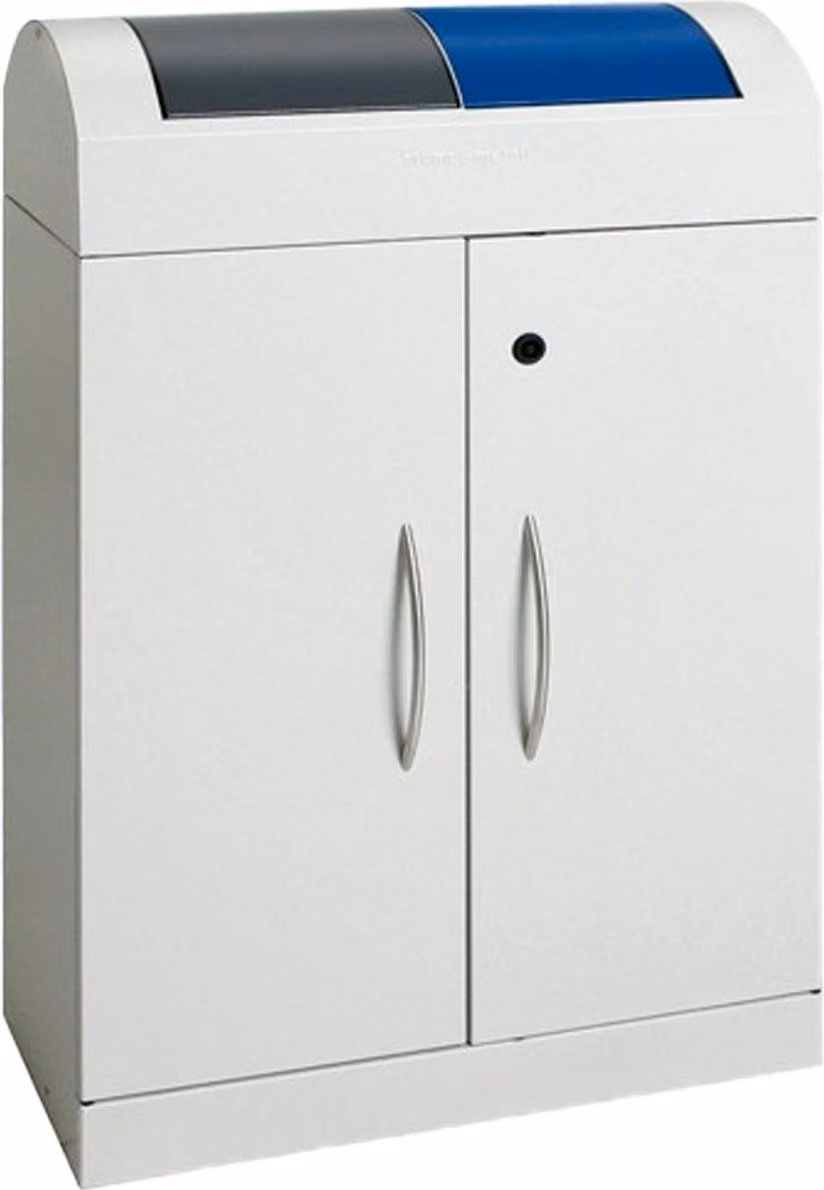 Stazione di raccolta rifiuti, volume 2x45 litri, LxPxH 620x320x975 mm, corpo grigio chiaro RAL 7035, coperchio girevole blu + antracite