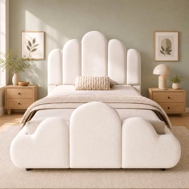 Letto singolo imbottito ULEVR 90x200 cm in velluto beige con rete a doghe, testiera e angoli arrotondati
