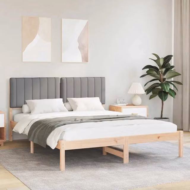 Letto moderno vidaXL con testiera rivestita in tessuto grigio e struttura in legno di pino, L/P/H: 155.5 x 150 x 205.5 cm