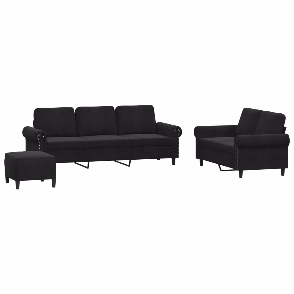 Set di divani vidaXL 3 pezzi in velluto nero con pouf e cuscini per soggiorno moderno – 2