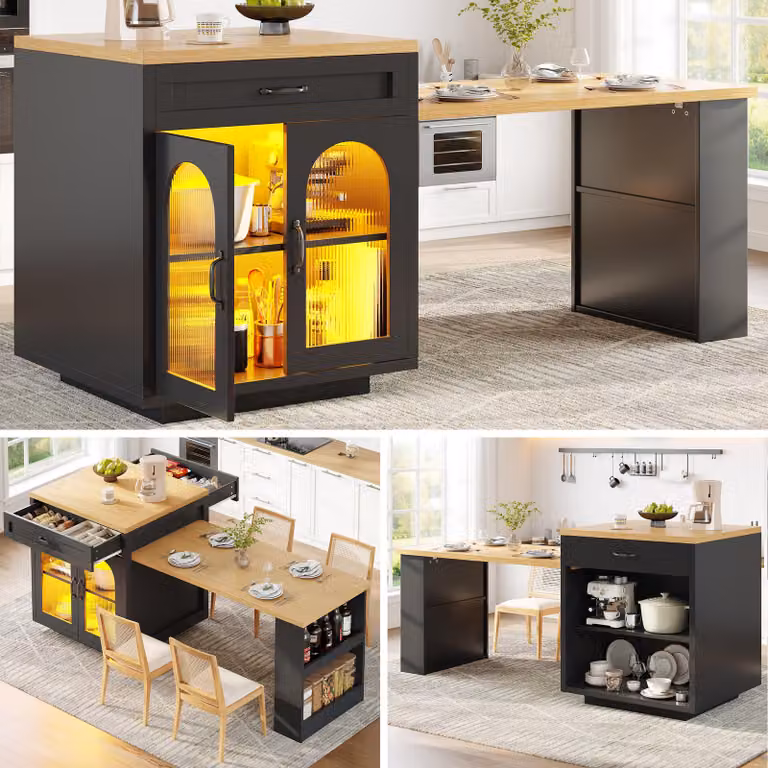 Isola da cucina estendibile, con illuminazione a LED, 2 cassetti, ripiani regolabili, ante in vetro lavorato e piano di lavoro in MDF