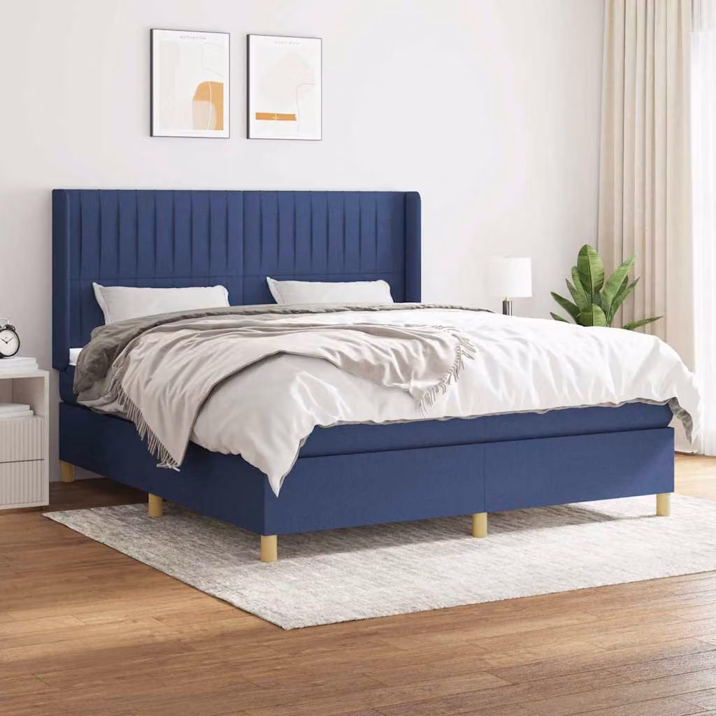 vidaXL Giroletto a Molle con Materasso Blu e Bianco in Tessuto L/P/H: 160 x 200 x 128 cm – 1