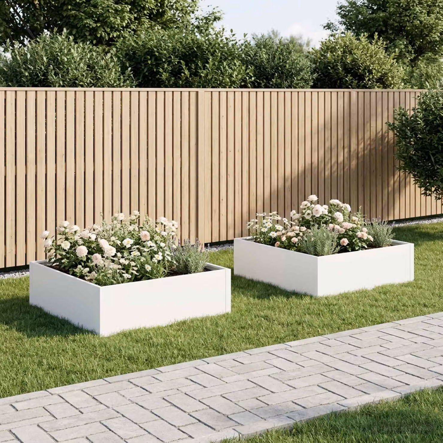 Set di 2 vasi da giardino vidaXL in metallo bianchi, L: 80 cm, P: 80 cm, H: 30 cm