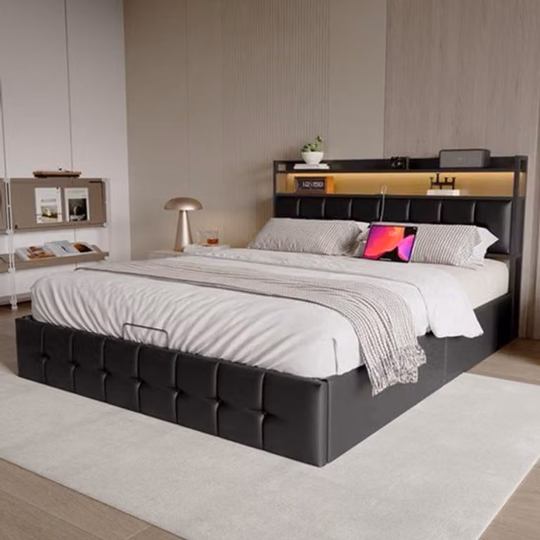 Letto matrimoniale imbottito - 140x200 cm - Con spazio contenitore e illuminazione LED - Colore: nero