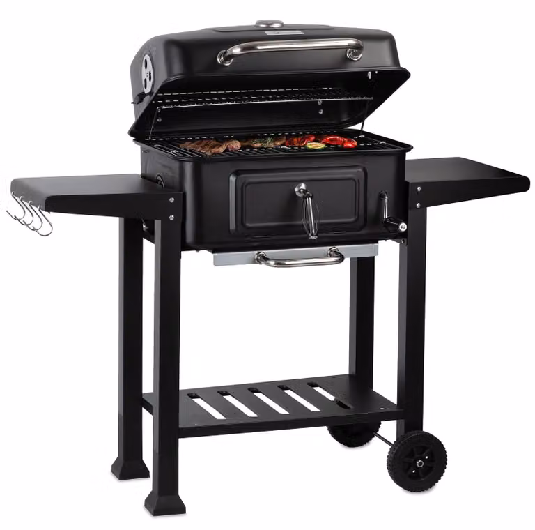 Barbecue a carbonella - Griglia a carbone con carrello e termometro - 54 x 42,5 cm - Nero - Per terrazzo, balcone e giardino