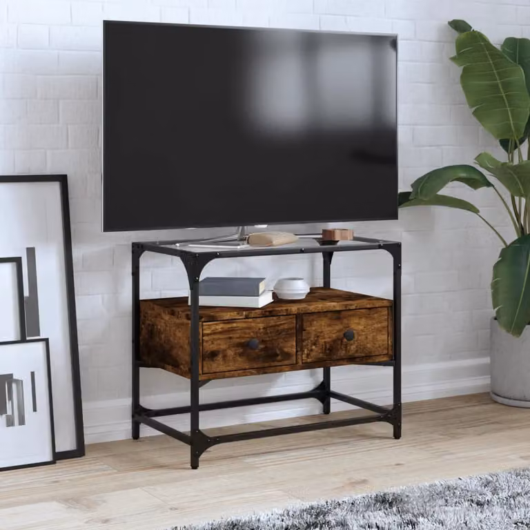 Mobile TV vidaXL in legno multistrato e vetro color rovere fumo L: 60 cm, P: 35 cm, H: 51 cm