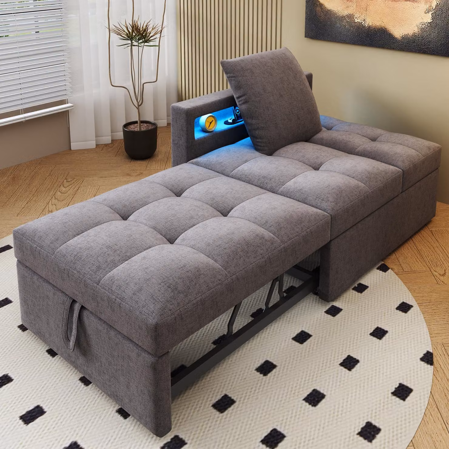 Divano letto STILVORA con schienale regolabile Divano pieghevole multifunzionale con strisce luminose a LED Divano per il tempo libero con porte USB e Type-C Grigio scuro