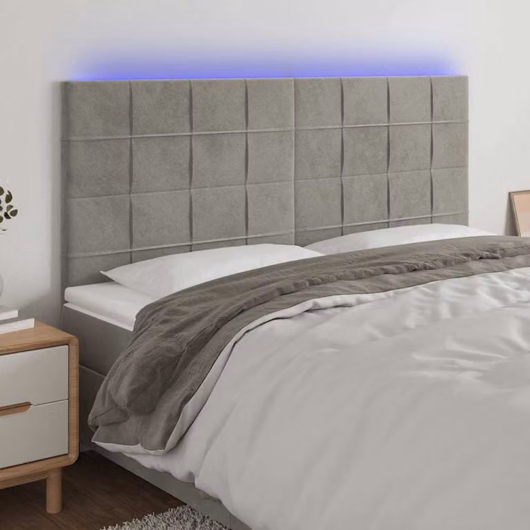 Testiera con LED e porta USB vidaXL in velluto grigio, L/P/H: 160 x 5 x 118/128 cm