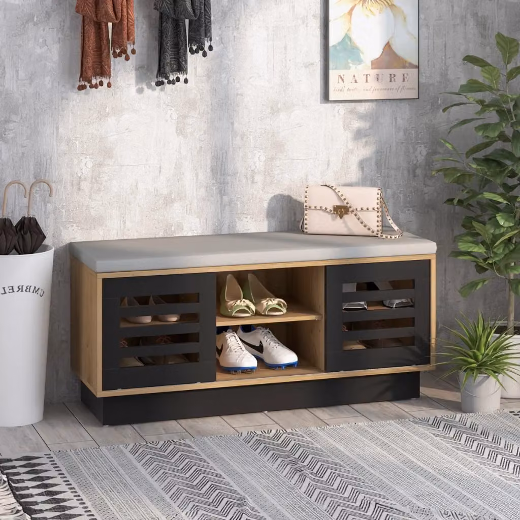 Panca scarpiera DESIGN IN con 6 scomparti, 3 ripiani regolabili, ante scorrevoli e cuscino in tessuto, colore naturale/marrone/beige – 2