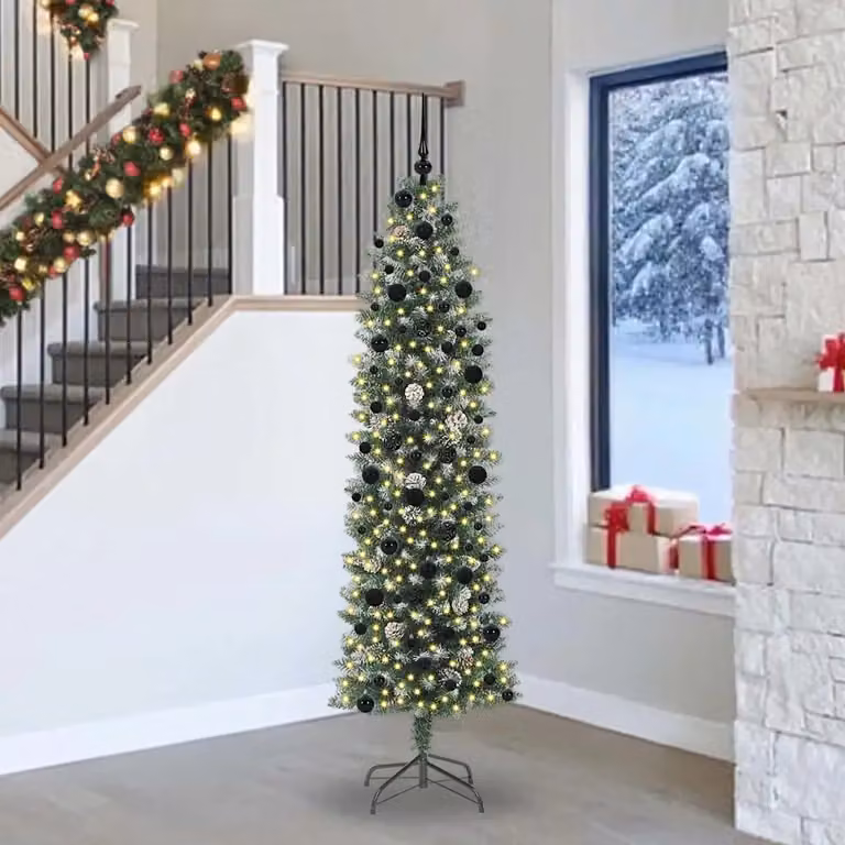 Albero di Natale artificiale sottile vidaXL moderno con luci LED bianco caldo, colori verde e bianco