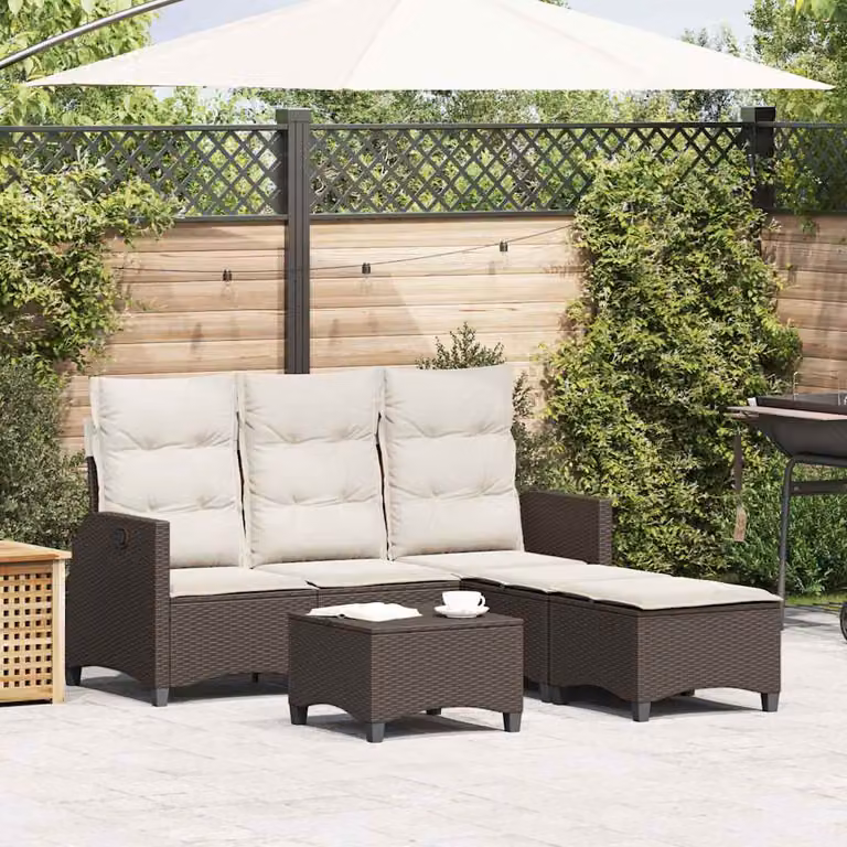 Set Divani da Giardino a L vidaXL in Polyrattan Marrone con Cuscini Bianchi e Struttura in Acciaio