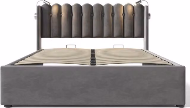 Letto matrimoniale imbottito 140x200 cm con testiera in velluto grigio, lampada da lettura e funzione di ricarica USB, struttura con contenitore